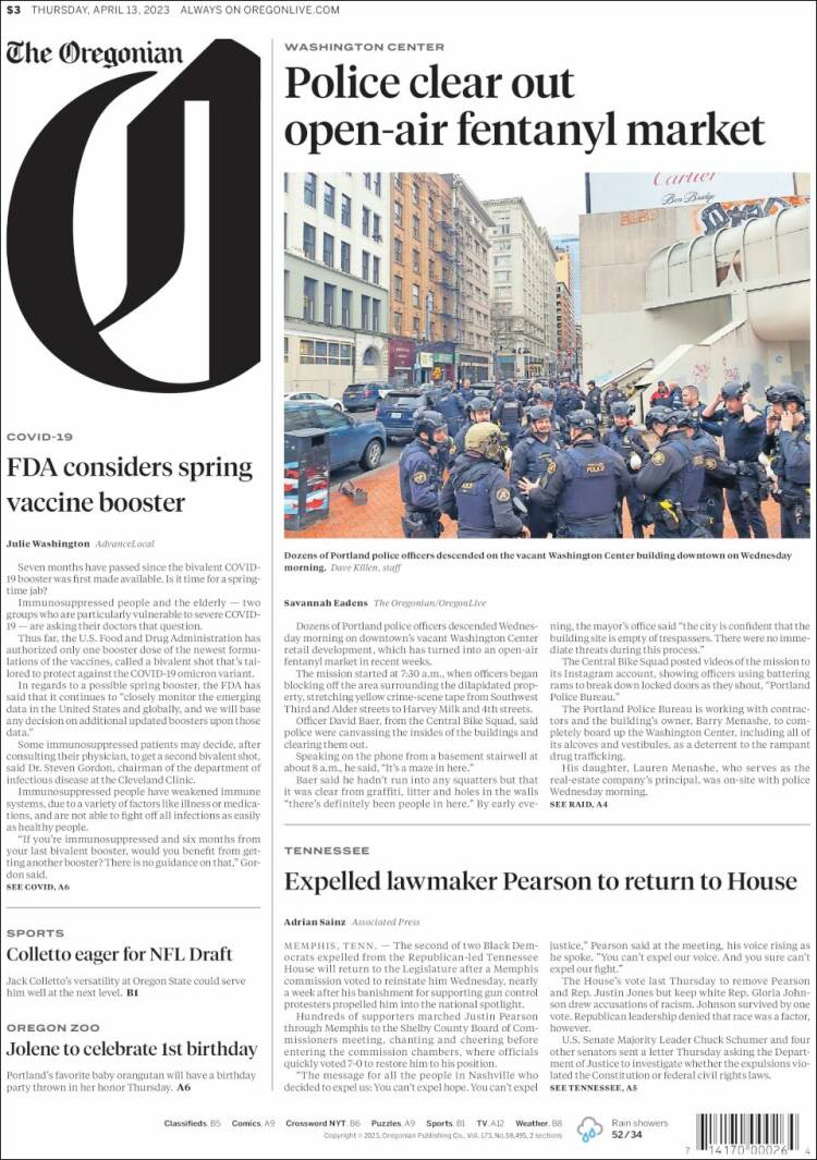 Portada de The Oregonian (États-Unis)