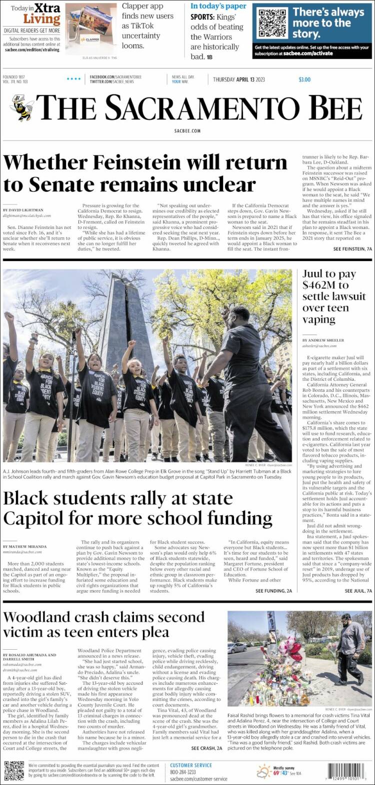 Portada de The Sacramento Bee (USA)