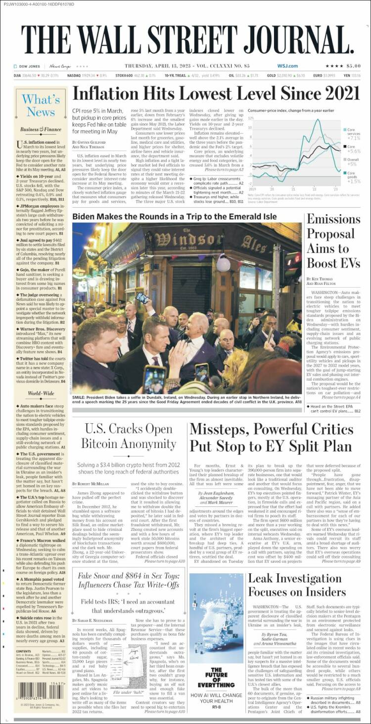 Portada de Wall Street Journal (États-Unis)