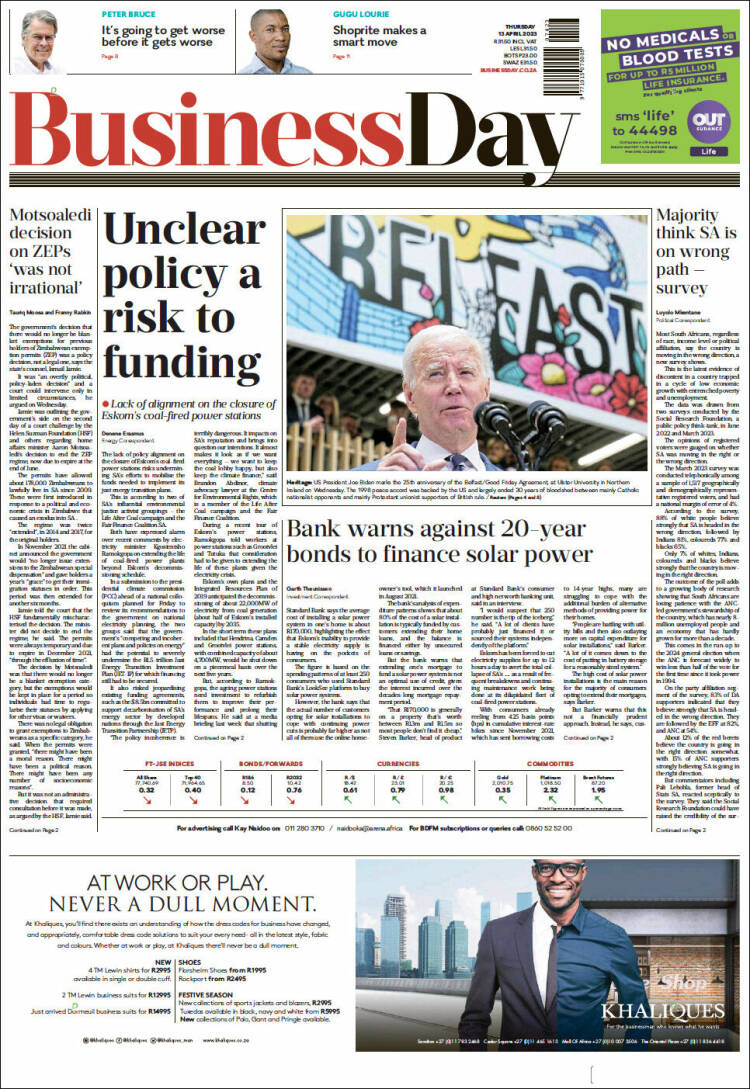 Portada de Business Day (Sud&aacute;frica)