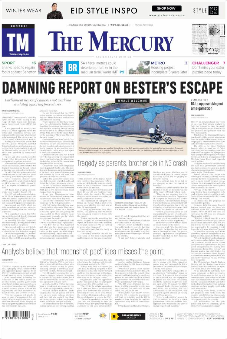 Portada de The Mercury (Sud&aacute;frica)