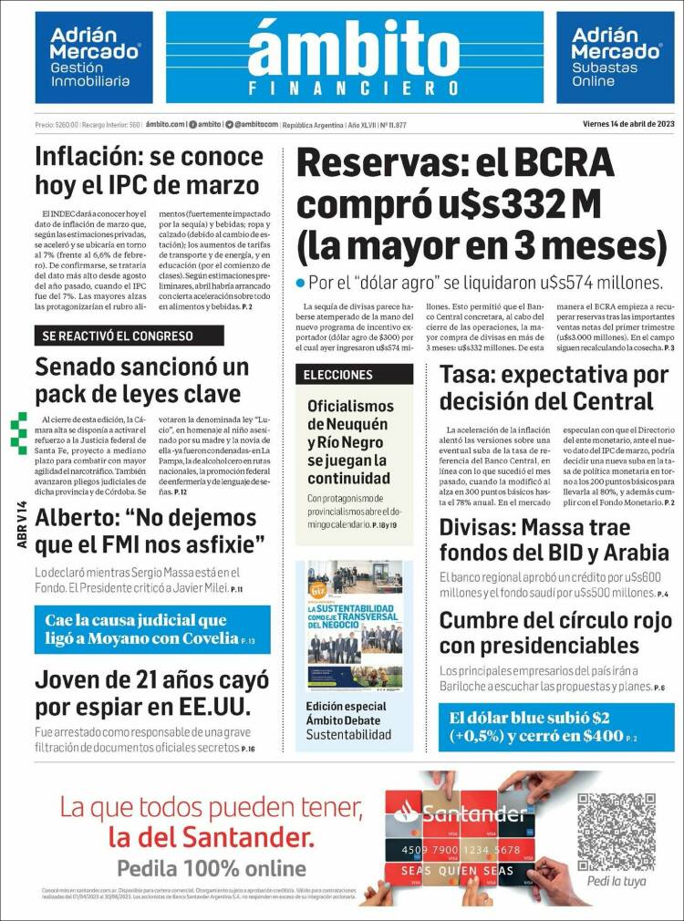 Portada de Diario Ambito Financiero (Argentina)