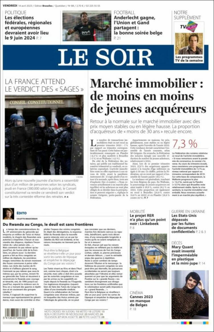 Portada de Le Soir (B&eacute;lgica)