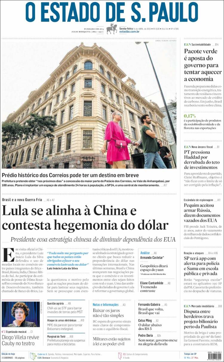 Portada de O Estado de São Paulo (Brasil)