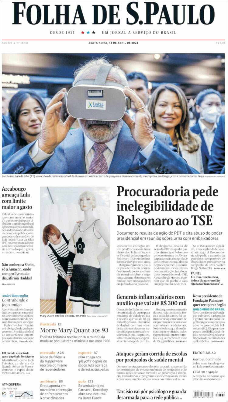 Portada de Folha de São Paulo (Brasil)