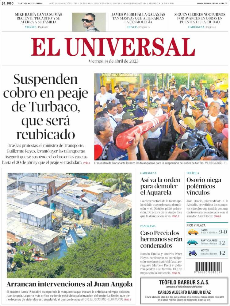 Portada de El Universal (Colombia)