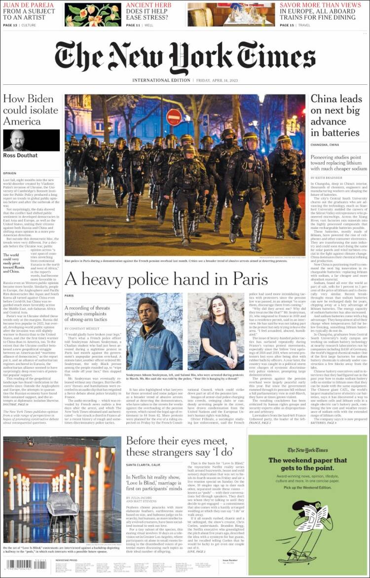 Portada de International New York Times (Europa)