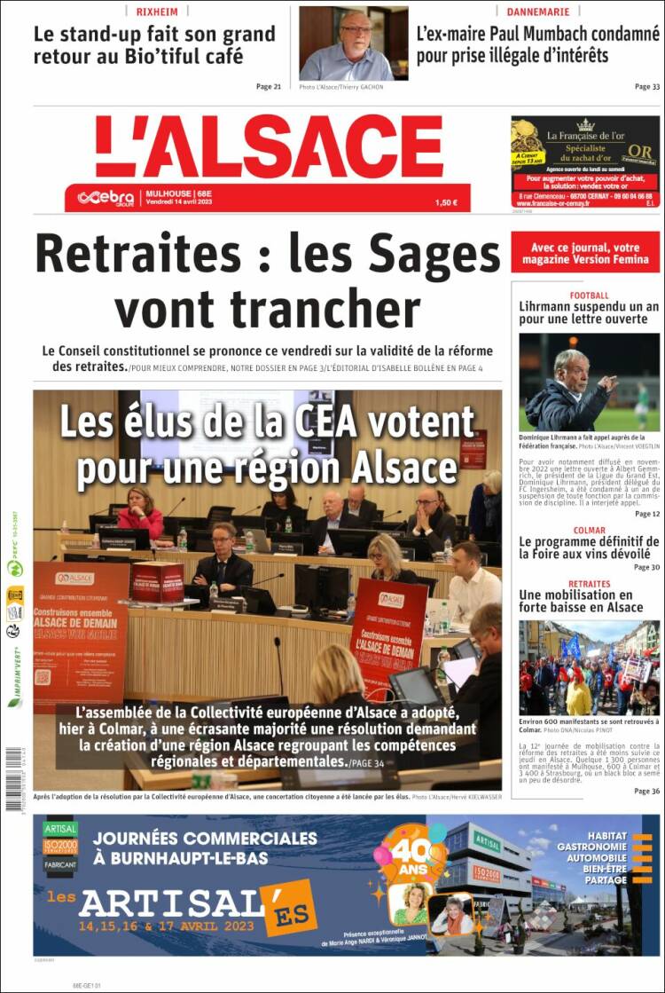 Portada de Journal L'Alsace (Francia)