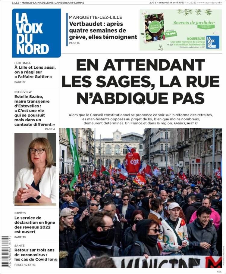 Portada de La Voix du Nord (Francia)
