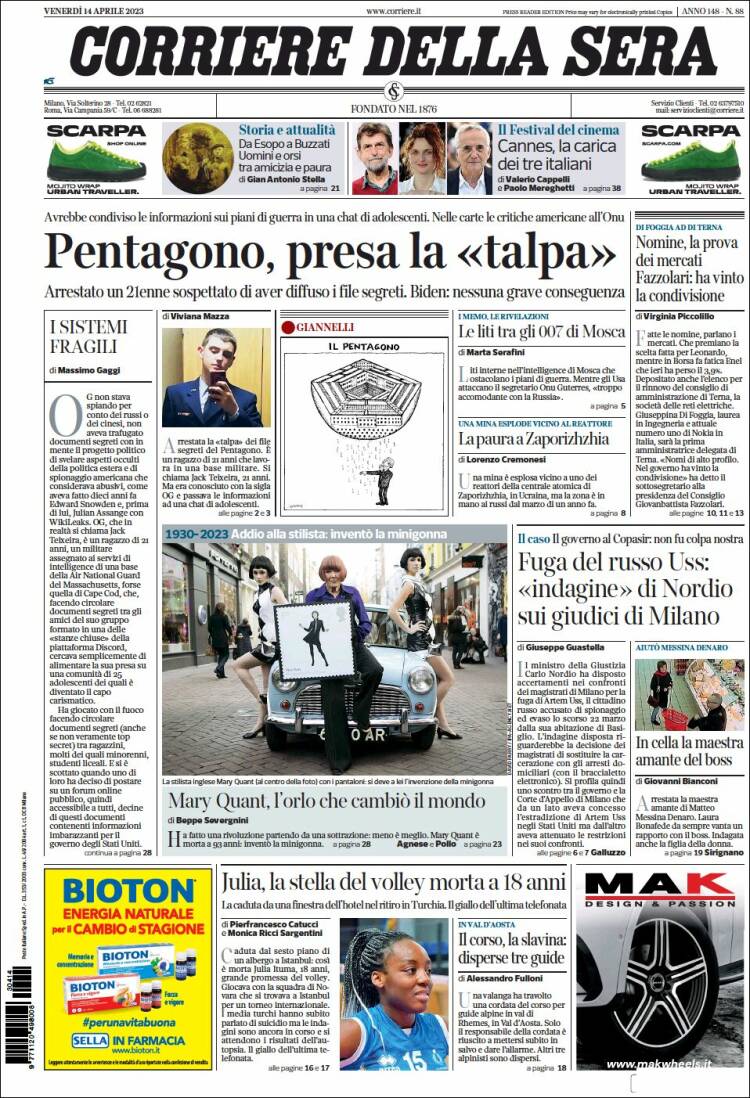Portada de Corriere della Sera (Italia)
