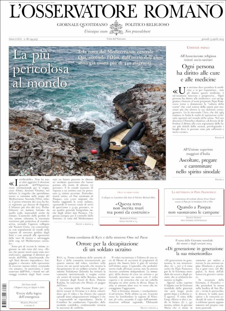 Portada de L'Osservatore Romano (Italia)