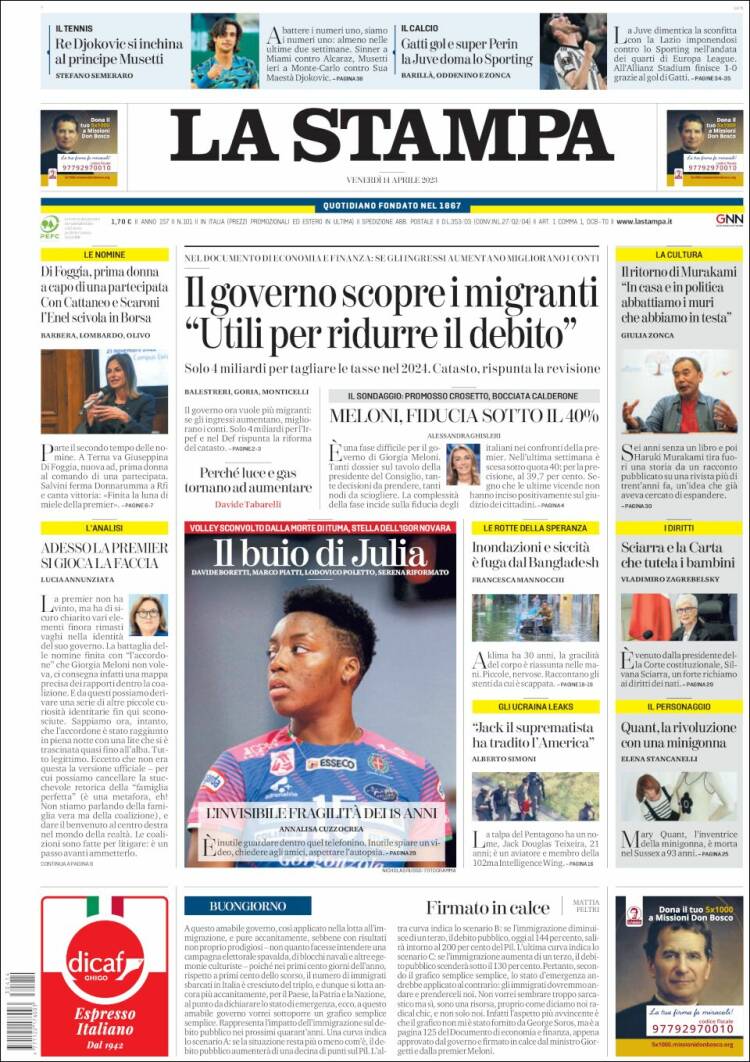 Portada de La Stampa (Italia)