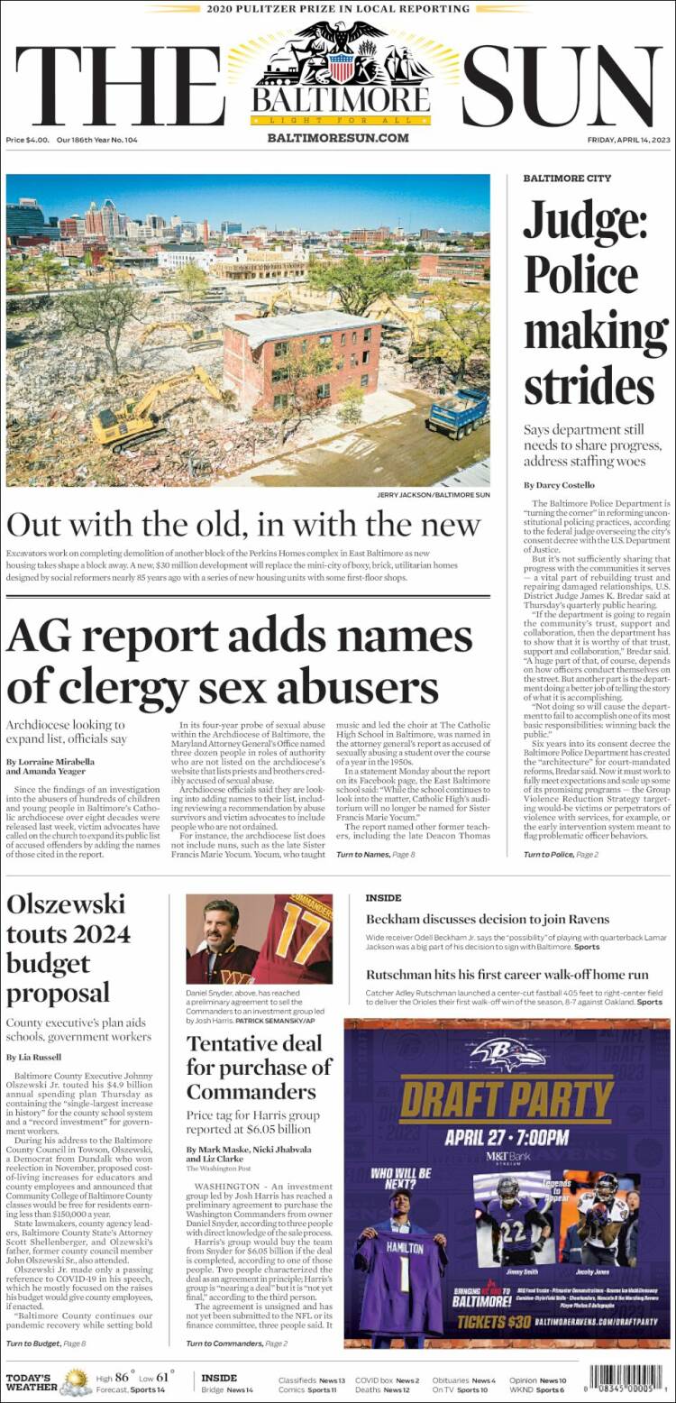 Portada de The Baltimore Sun (USA)