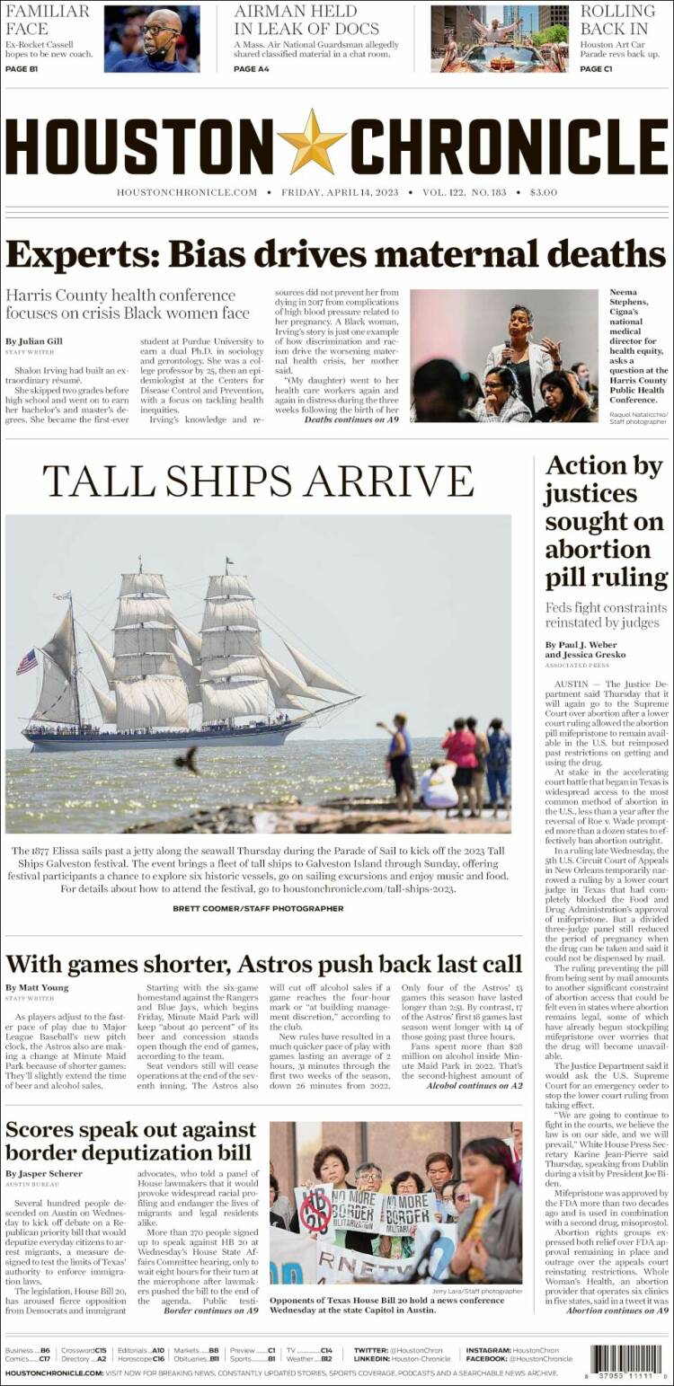 Portada de Houston Chronicle (USA)