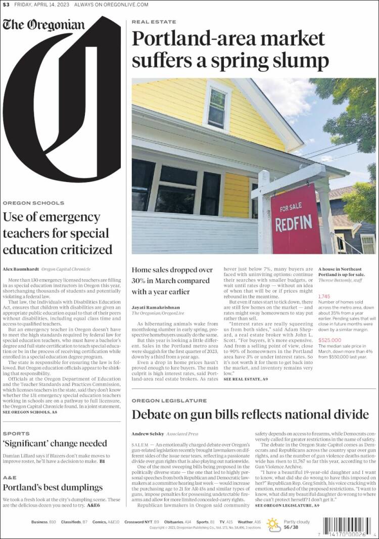 Portada de The Oregonian (USA)