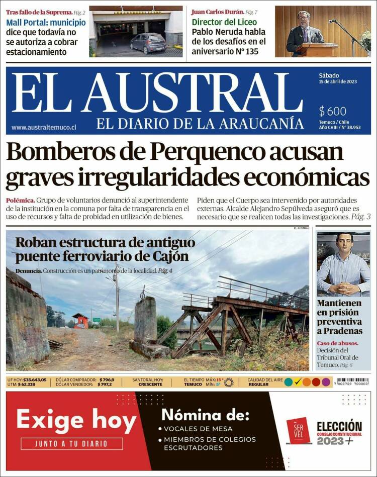 Portada de El Austral de Temuco (Chile)