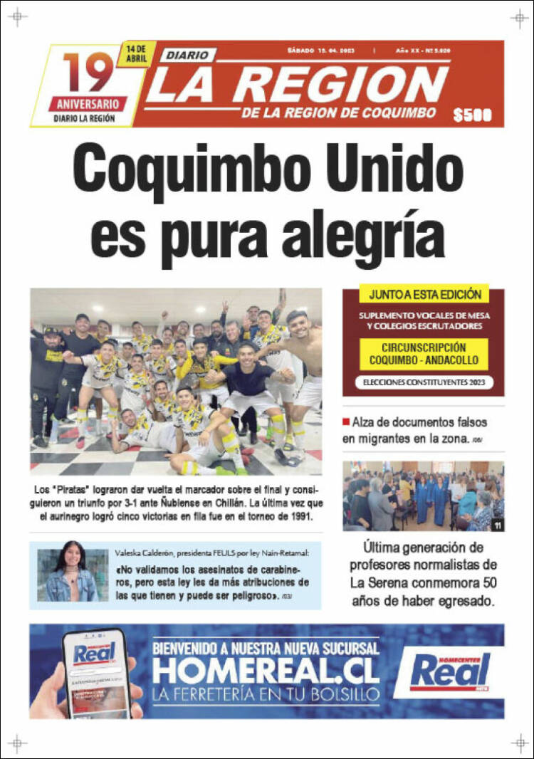 Portada de Diario La Región de Coquimbo (Chile)
