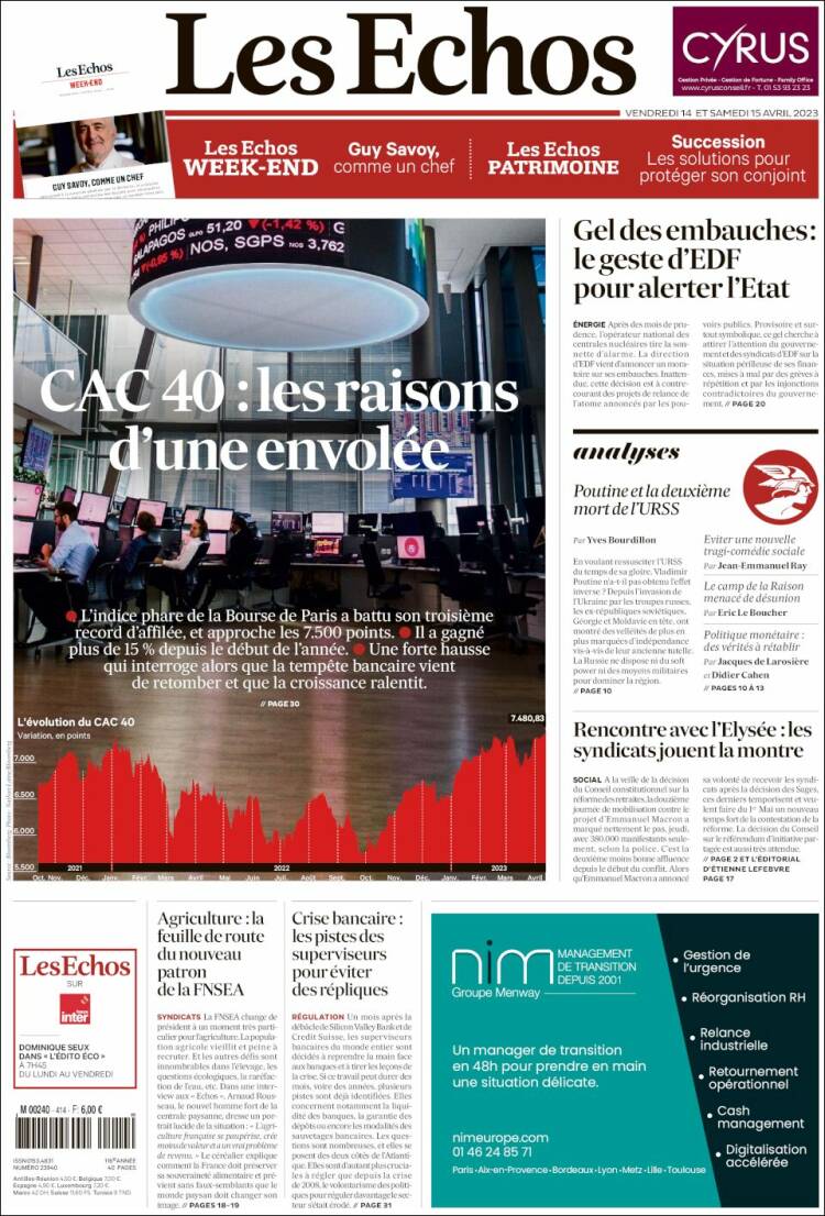 Portada de Les Echos (Francia)