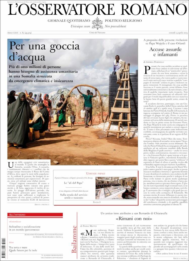 Portada de L'Osservatore Romano (Italia)