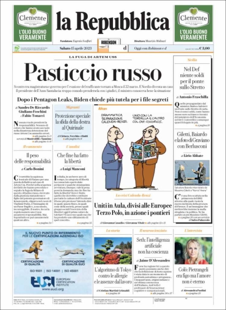 Portada de La Repubblica (Italia)