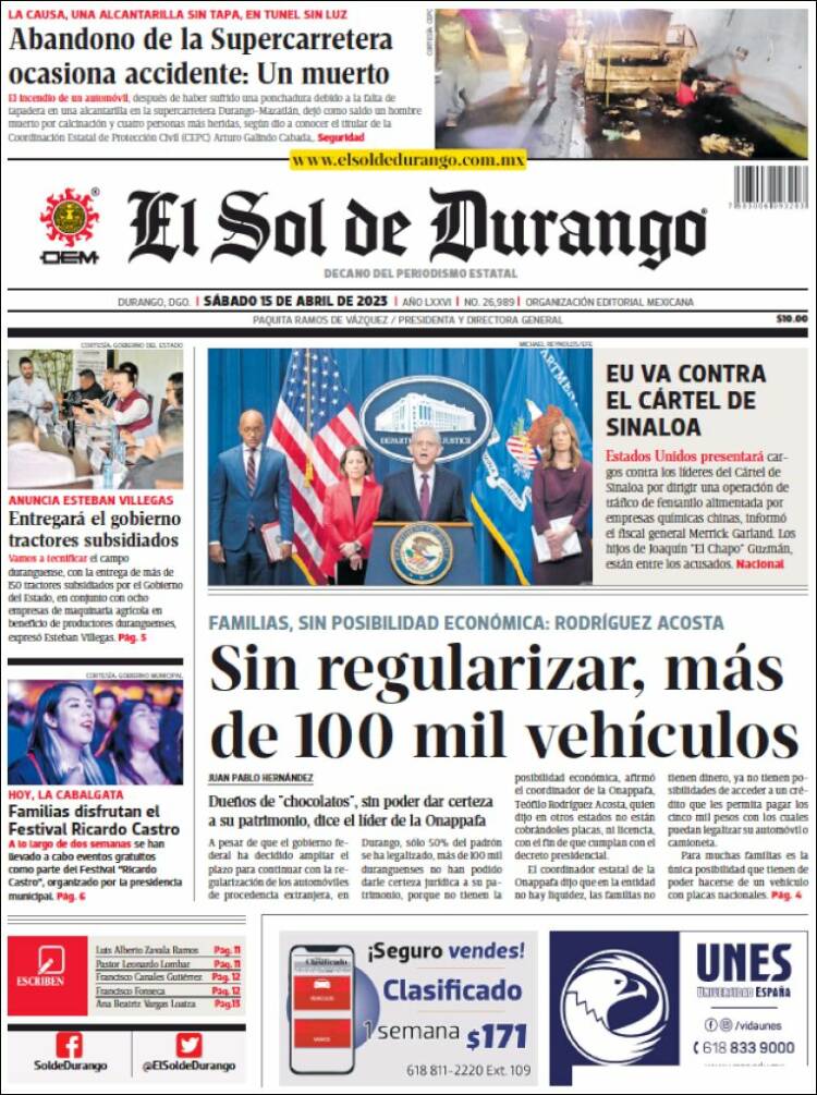 Portada de El Sol de Durango (M&eacute;xico)