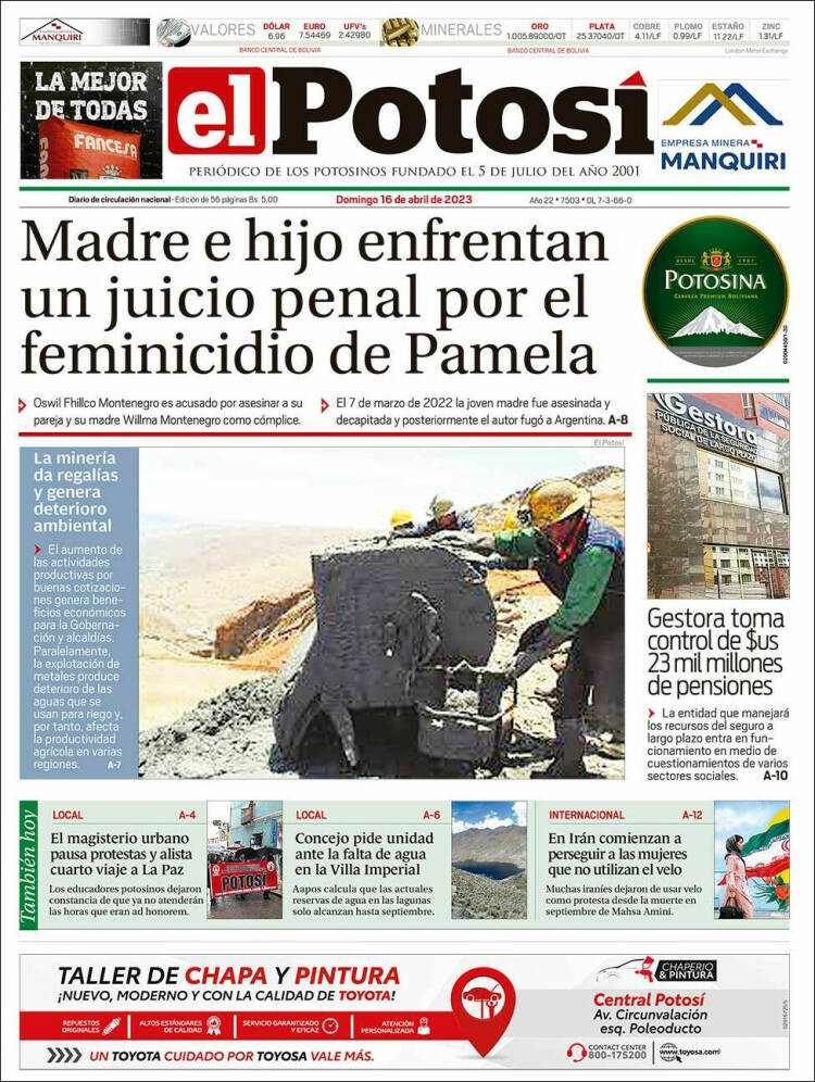 Portada de Diario de Potosí (Bolivia)