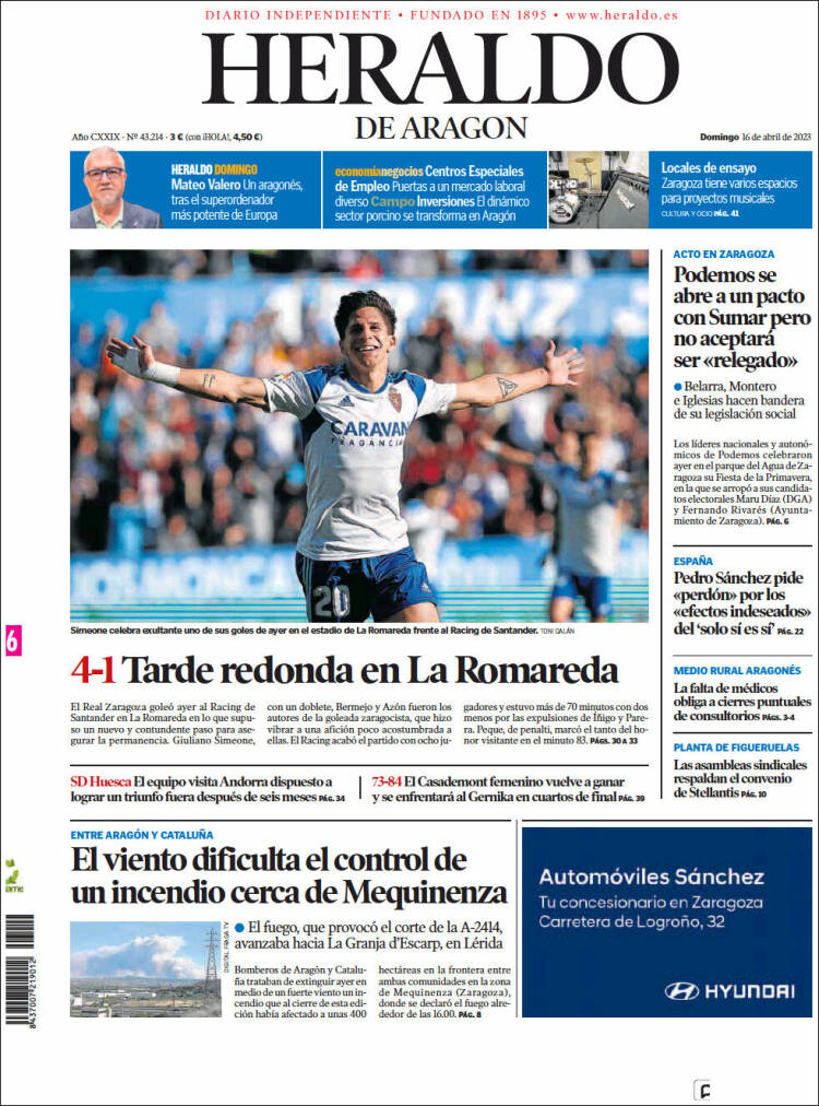 Portada de Heraldo de Aragón (España)