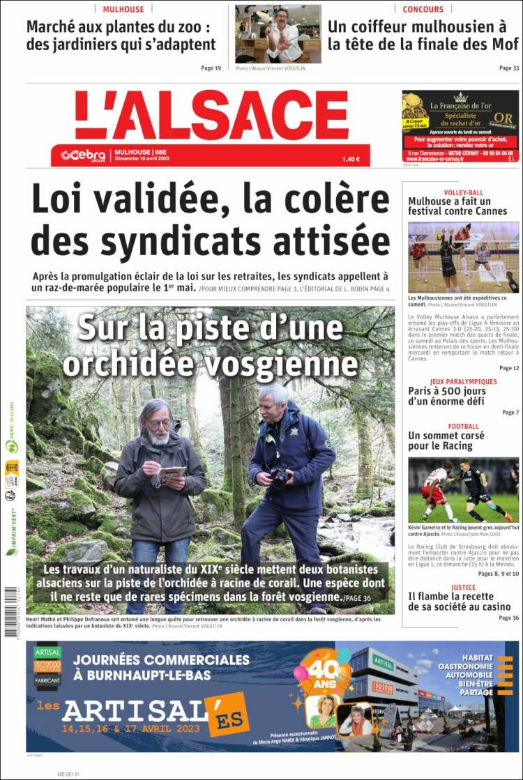 Portada de Journal L'Alsace (Francia)
