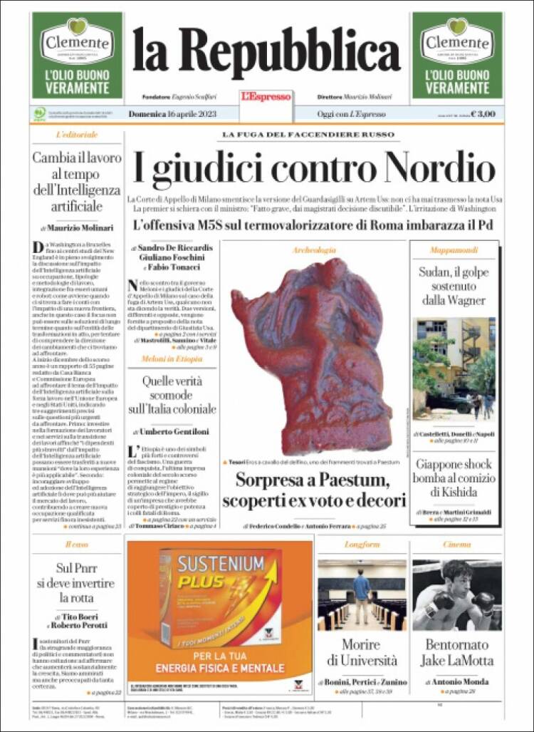 Portada de La Repubblica (Italia)
