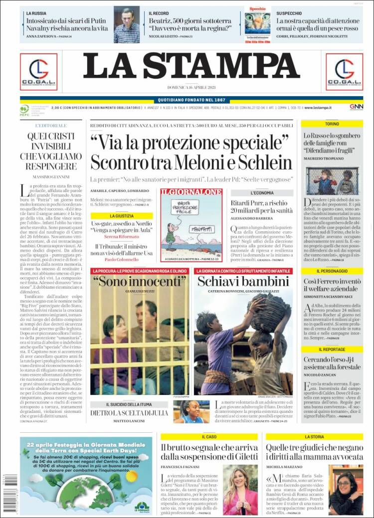 Portada de La Stampa (Italia)