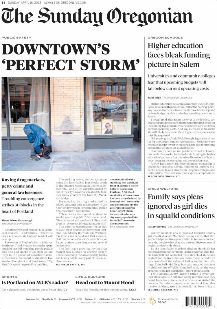 Portada de The Oregonian (USA)