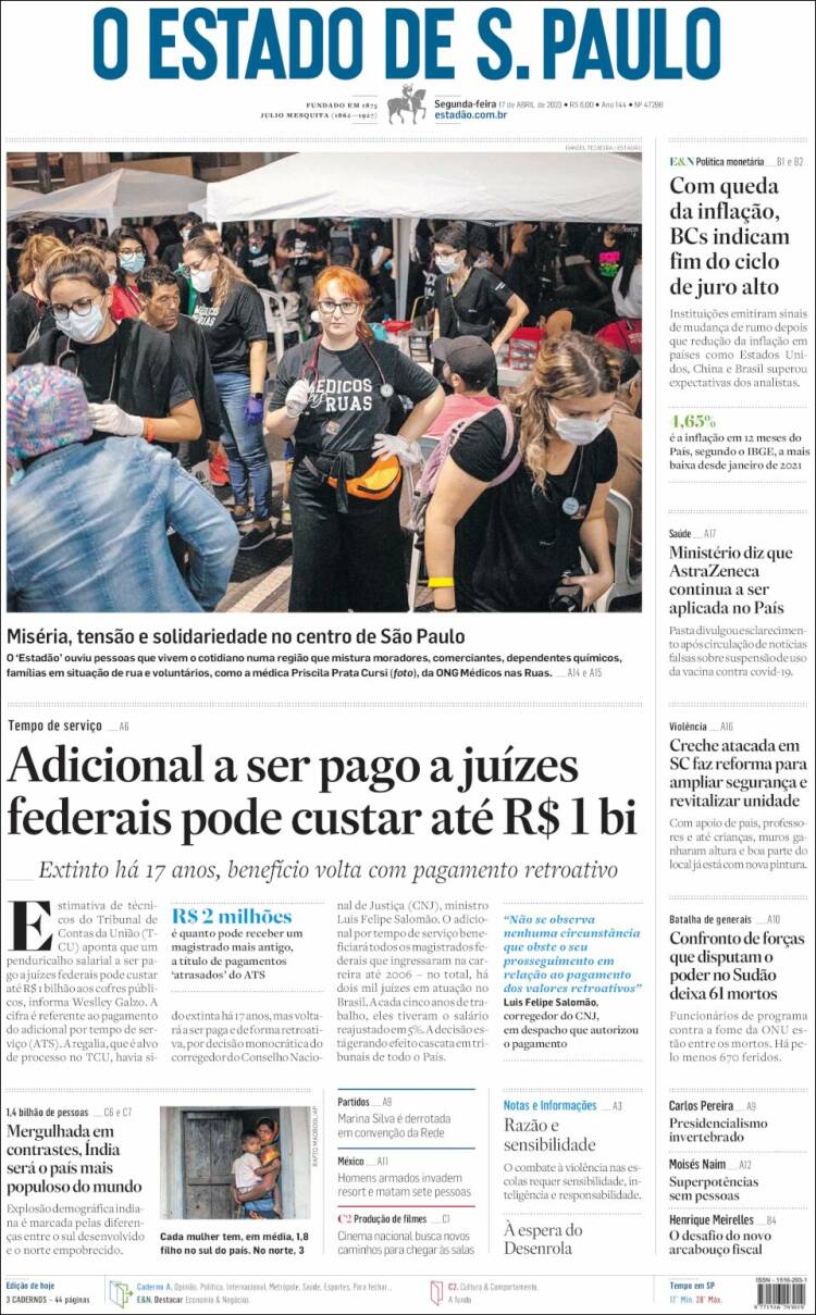 Portada de O Estado de São Paulo (Brasil)