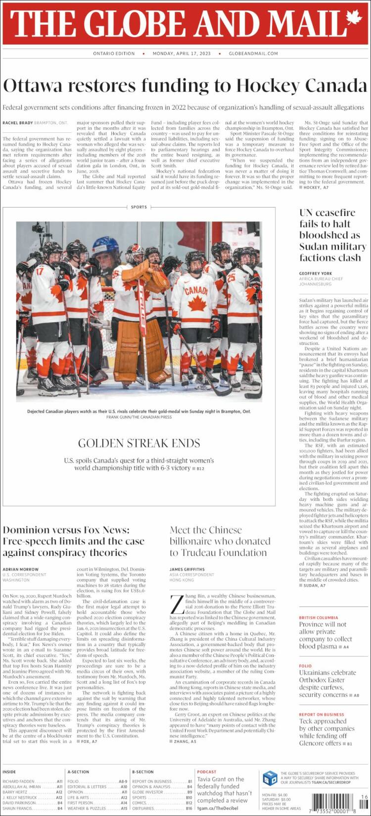 Portada de The Globe and Mail (Canada)