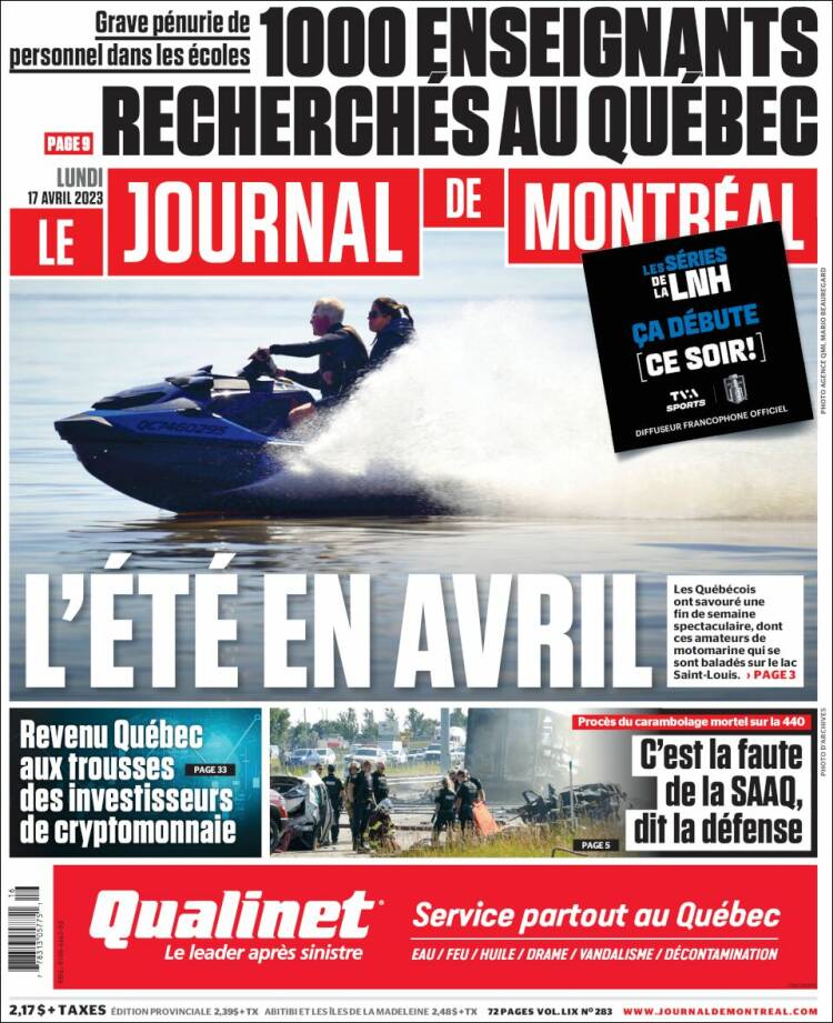 Portada de Le Journal de Montréal (Canada)