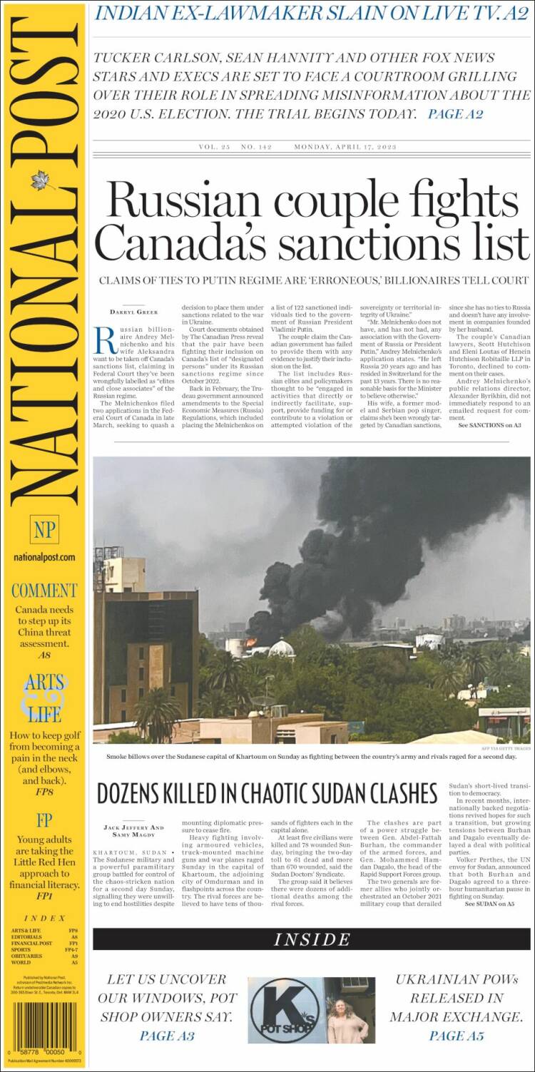 Portada de The National Post (Canada)