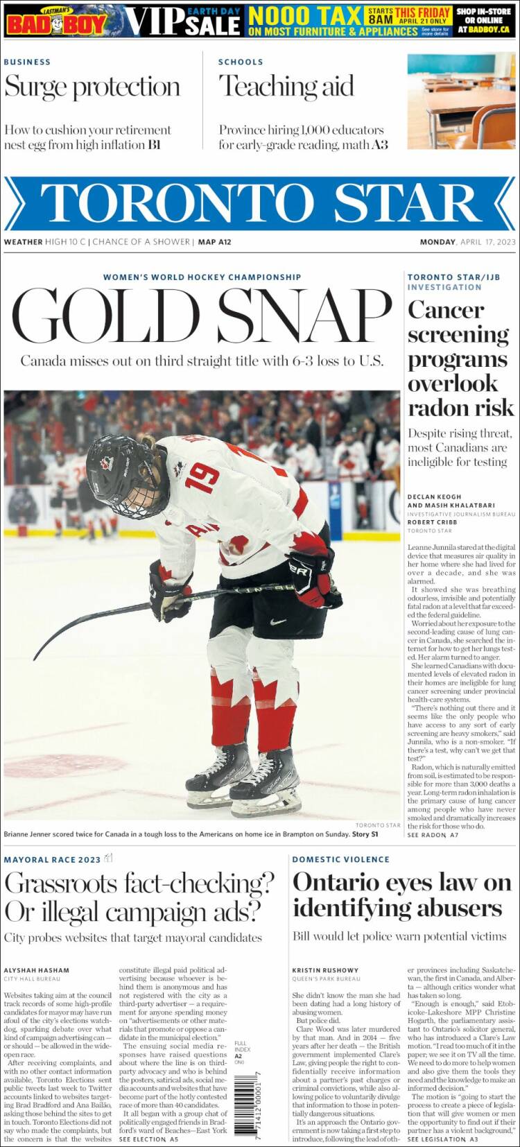 Portada de The Toronto Star (Canada)