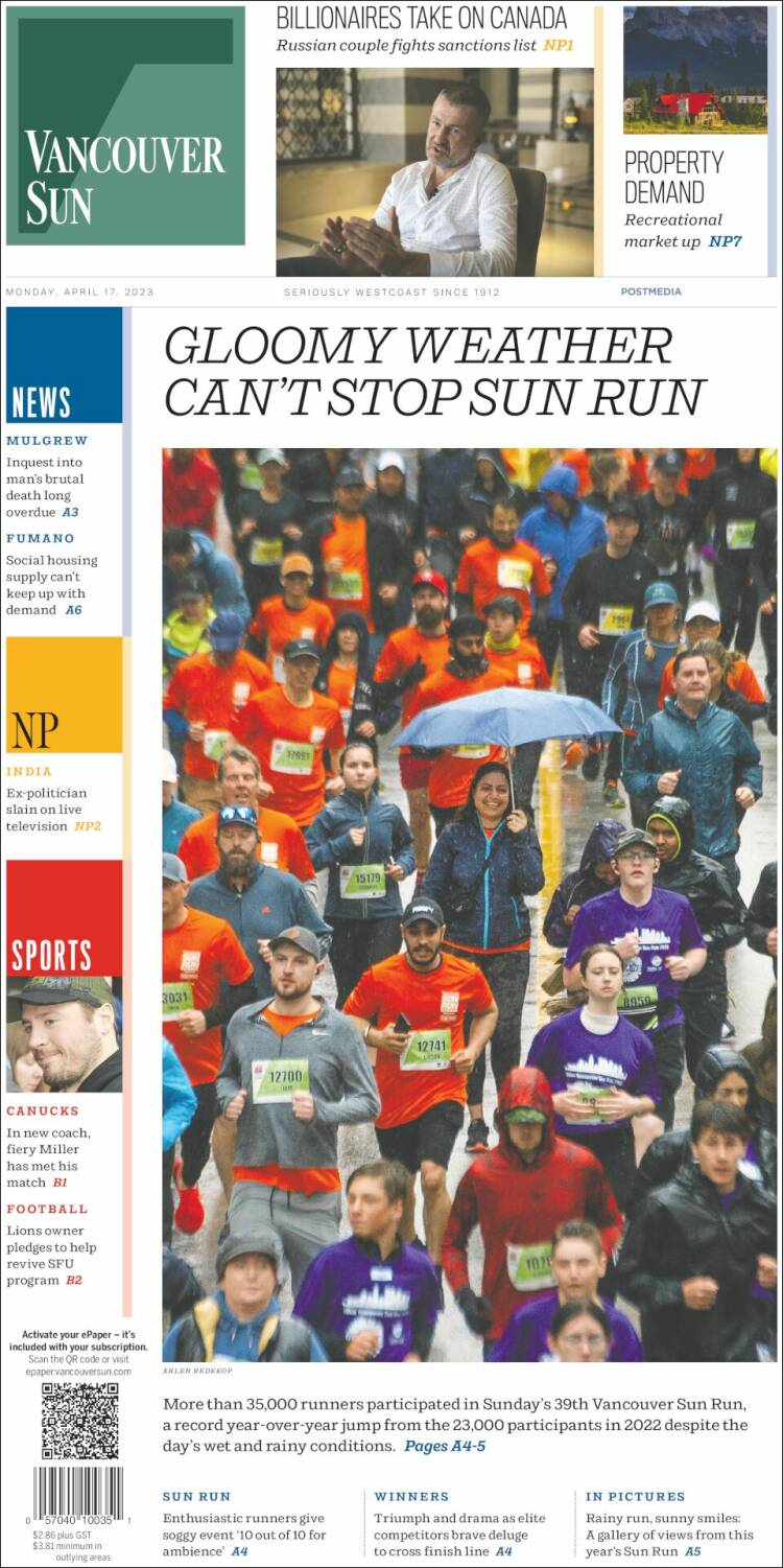 Portada de The Vancouver Sun (Canada)