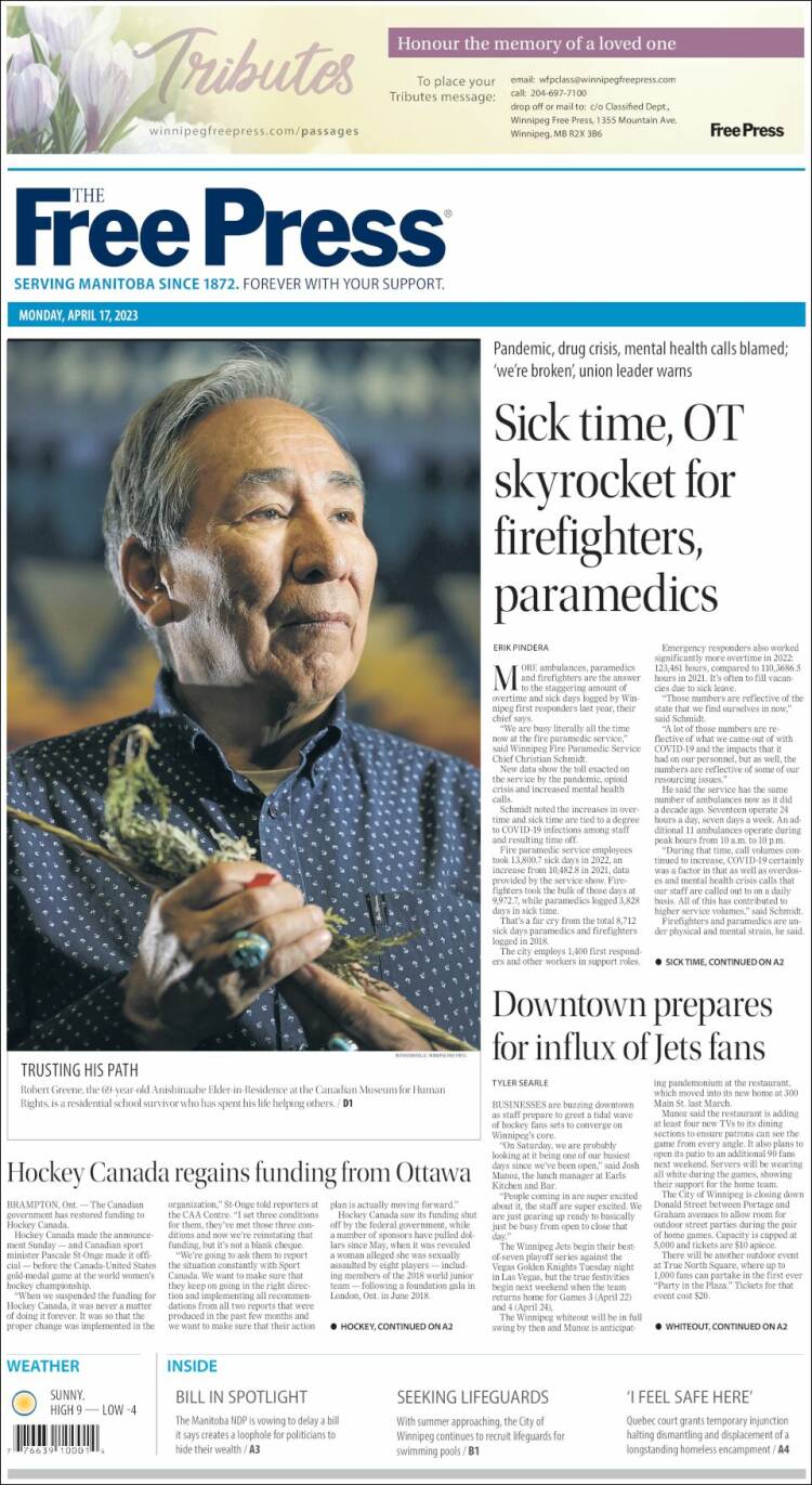 Portada de Winnipeg Free Press (Canada)