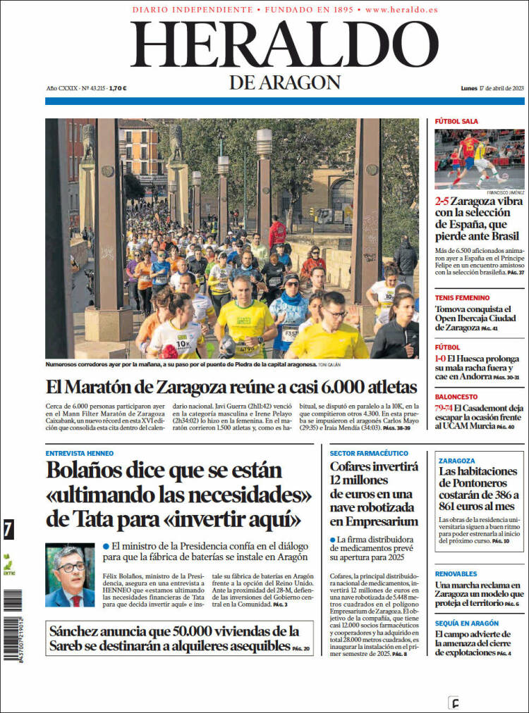 Portada de Heraldo de Aragón (España)