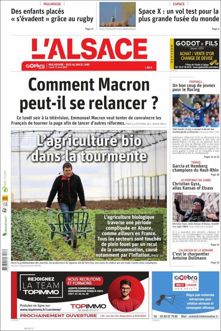 Portada de Journal L'Alsace (Francia)