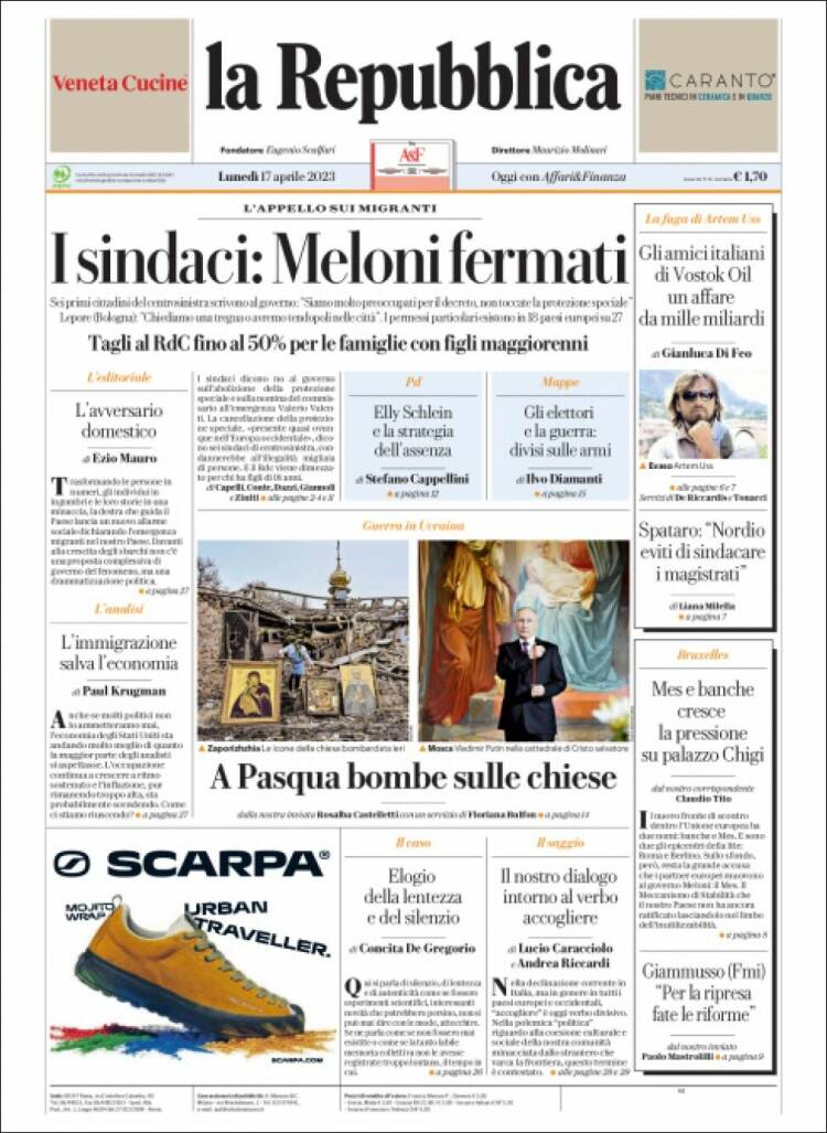 Portada de La Repubblica (Italia)