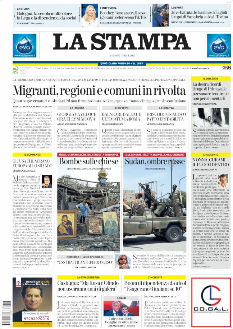 Portada de La Stampa (Italia)
