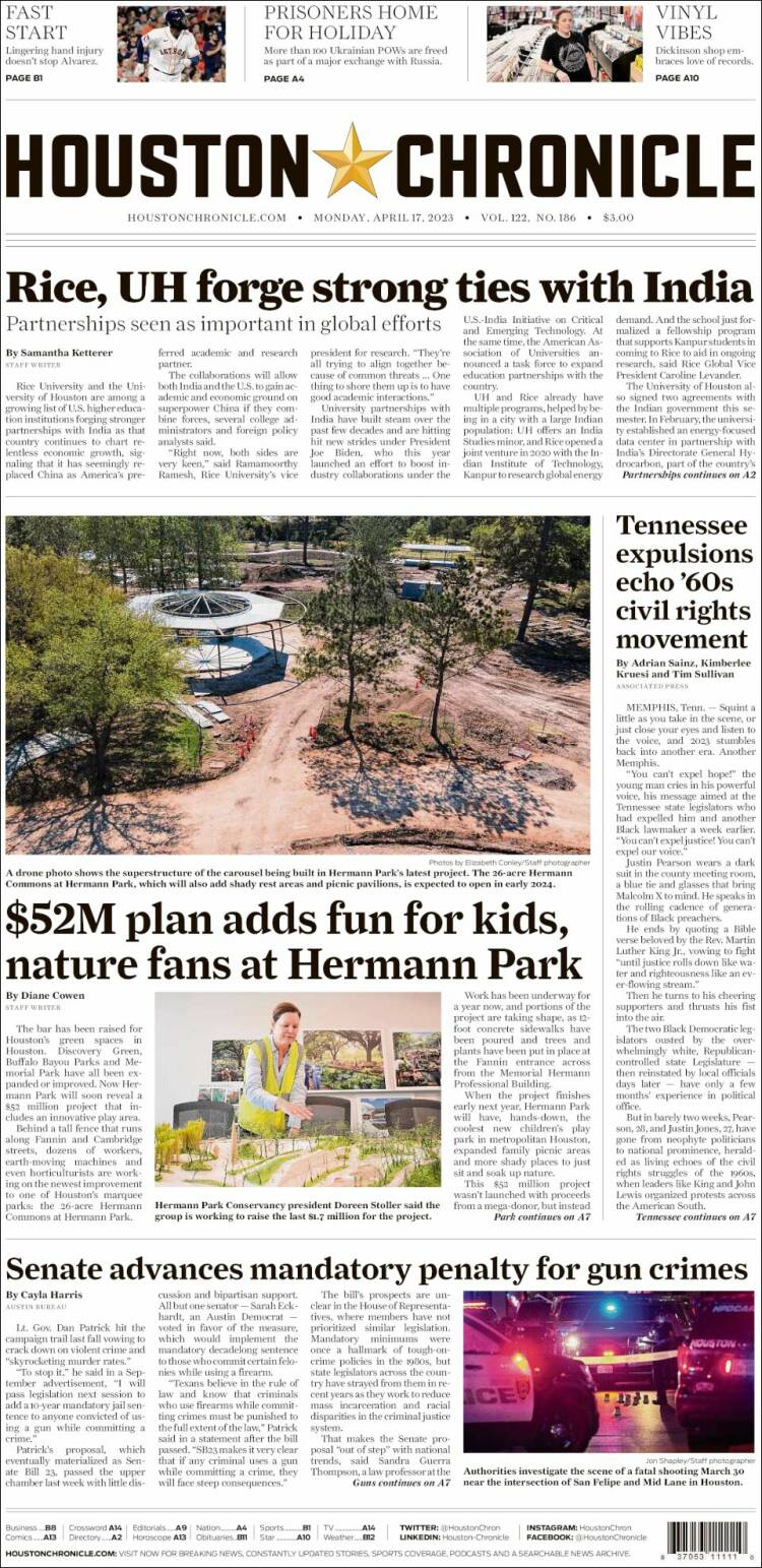 Portada de Houston Chronicle (USA)