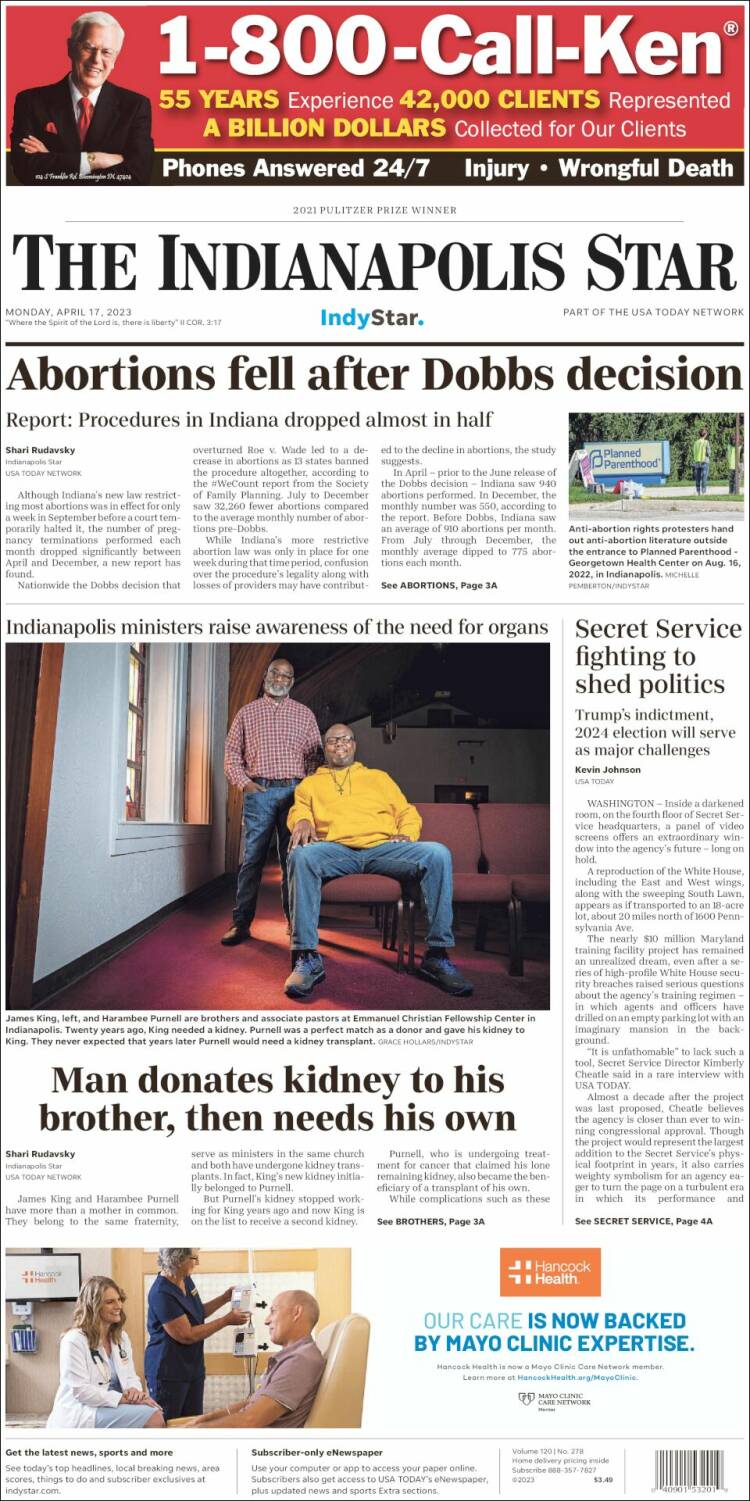Portada de The Indianapolis Star (USA)