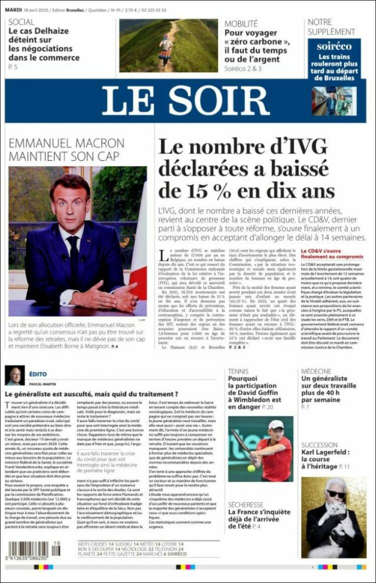 Portada de Le Soir (B&eacute;lgica)