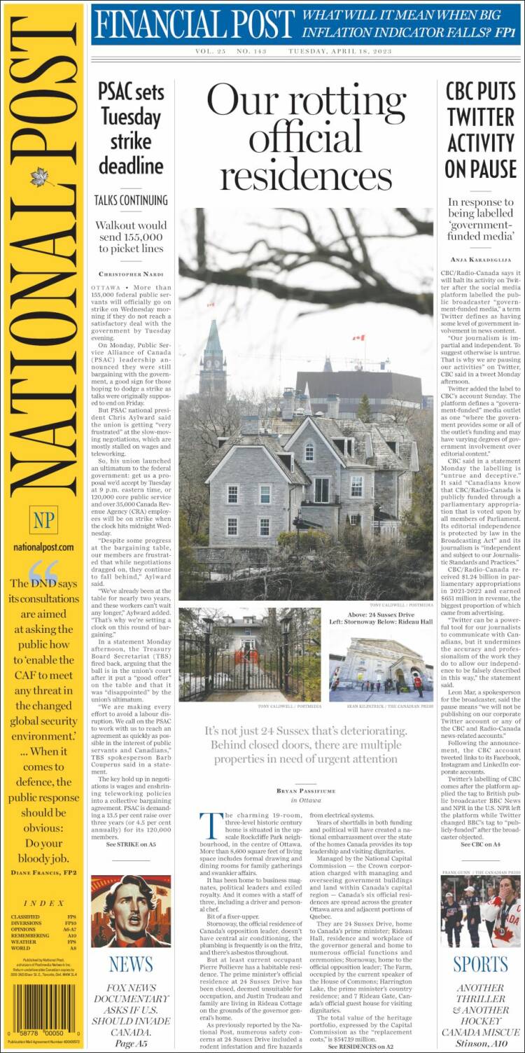 Portada de The National Post (Canadá)