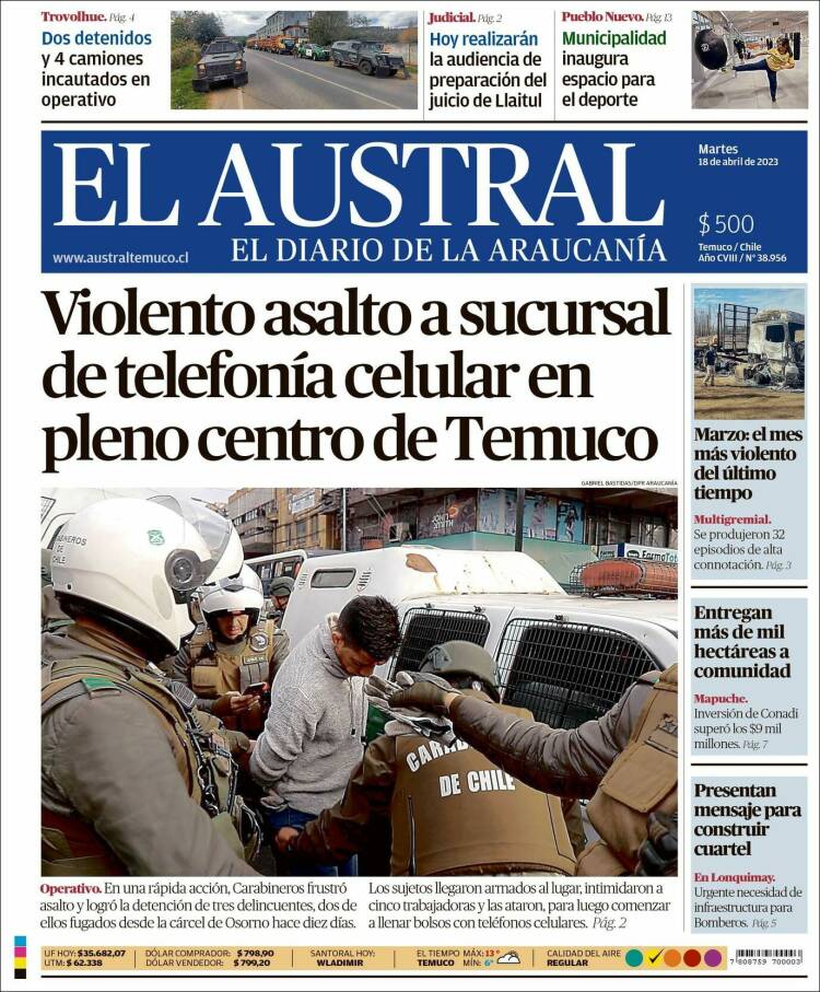 Portada de El Austral de Temuco (Chile)