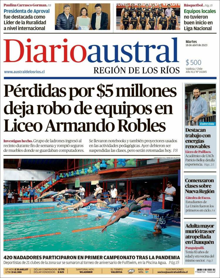 Portada de El Diario Austral de Valdivia (Chile)