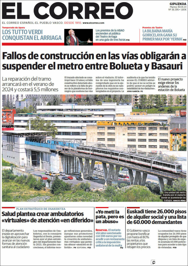 Portada de El Correo - Guipuzcoa (España)