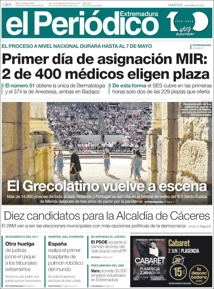 Portada de El Periódico de Extremadura (España)